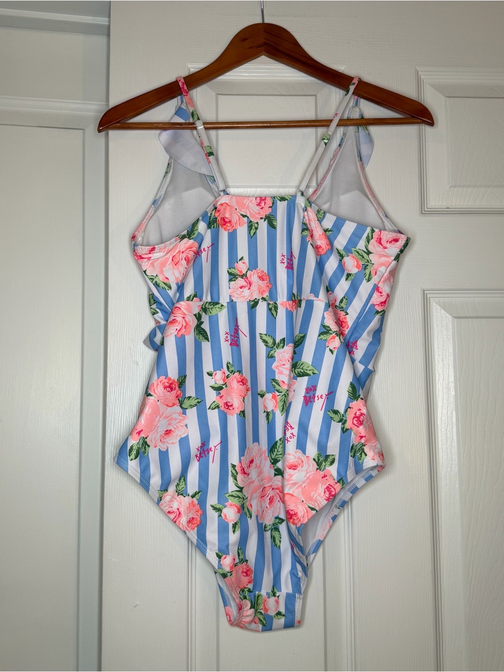 Betsey Johnson Blue White Stripped Pink Floral One Piece Swimsuit Women XL - Picture 3 of 6
